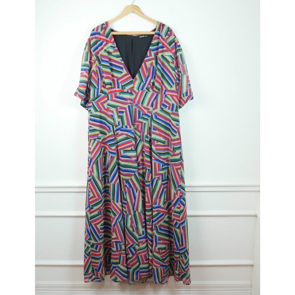 eShakti Maxi Dress size 3X Multicolor Geometric Chiffon Flutter Sleeve Babydoll